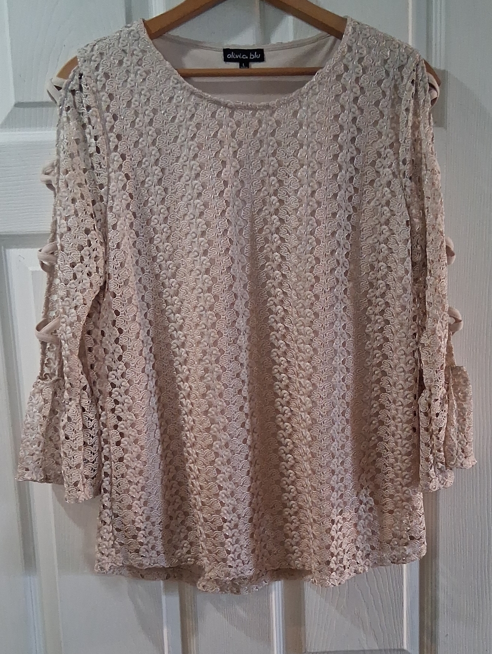 Olivia Bleu Lace Cold-Shoulder Long Sleeve Top in Beige